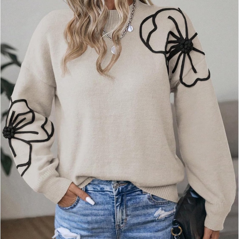 Chic Nation Beige Sweater with Black Floral Design